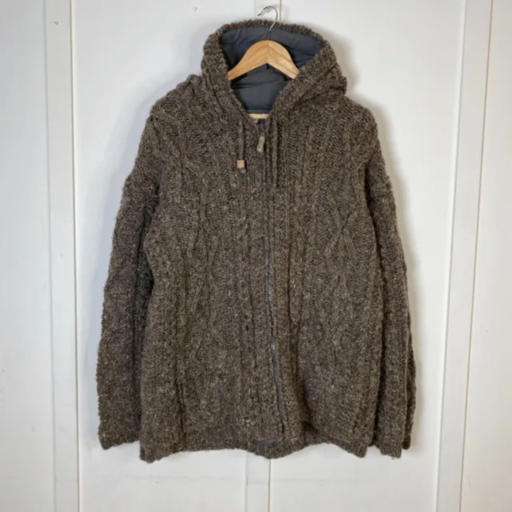 Pachamama Hooded Jumper Zip Heavy Knit 100% Wool Large Brown - Picture 1 of 13